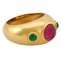 Cartier French 2 carat carved pink sapphire emerald 18k yellow gold ring