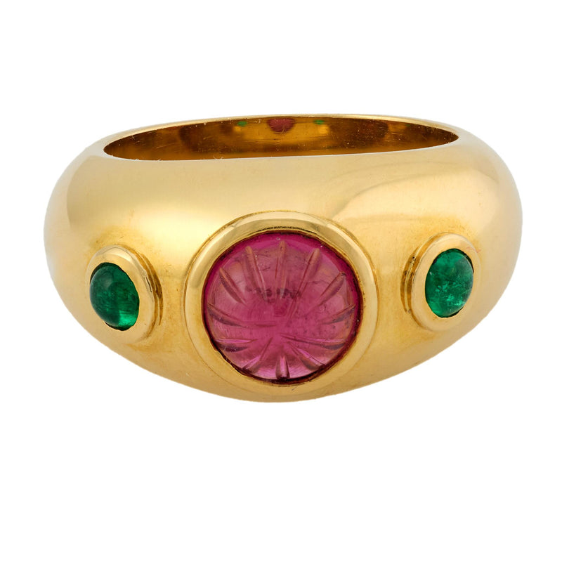 Cartier French 2 carat carved pink sapphire emerald 18k yellow gold ring