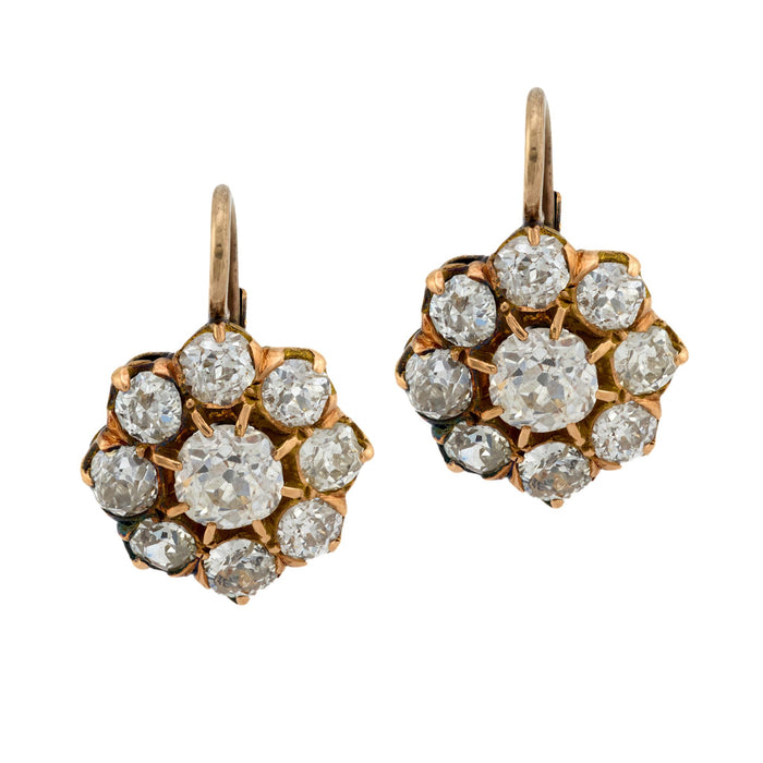 Victorian 3.63 carat diamond 14k yellow gold cluster earrings