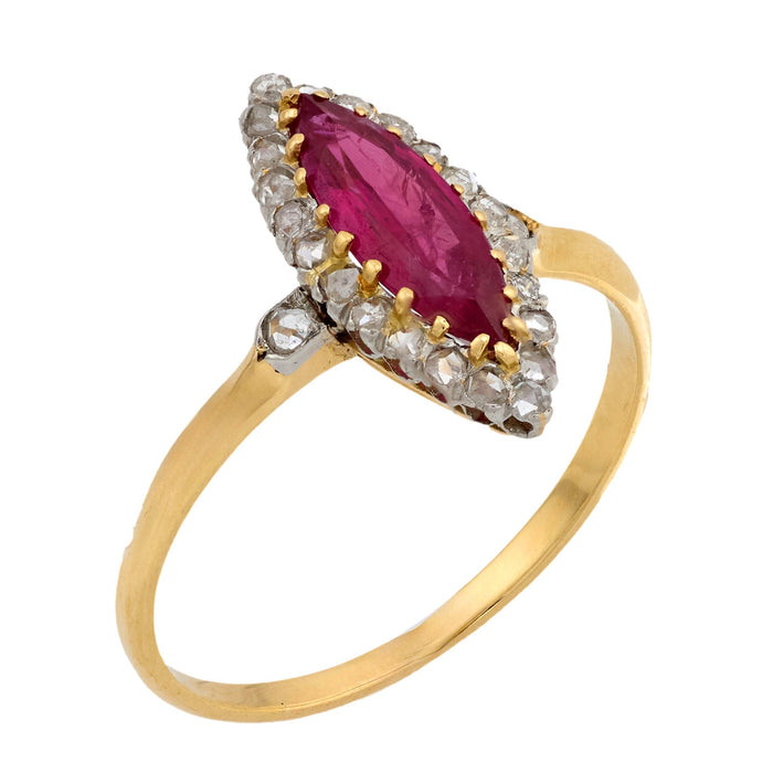 Edwardian GIA ruby diamond 18k yellow gold navette ring