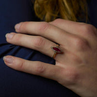 Edwardian GIA ruby diamond 18k yellow gold navette ring