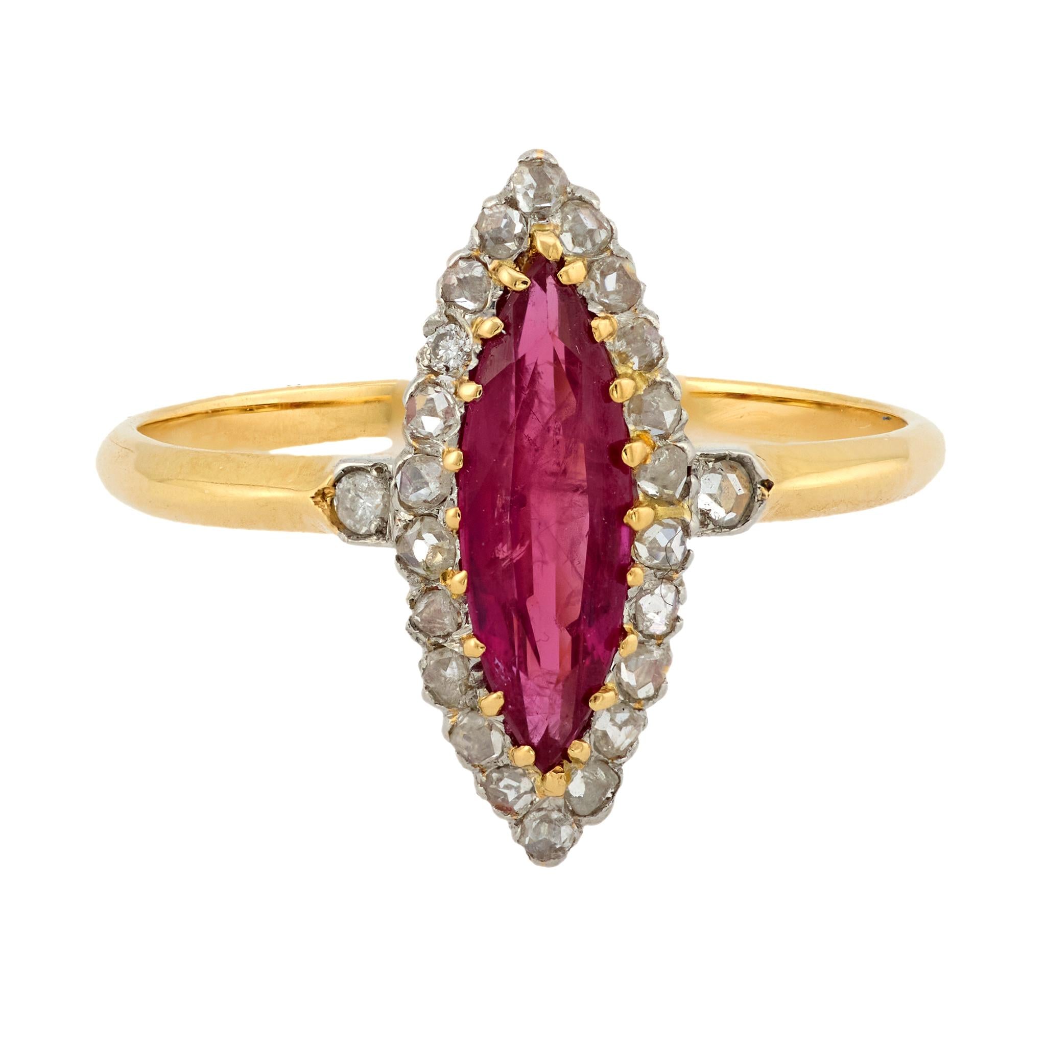 Edwardian GIA ruby diamond 18k yellow gold navette ring