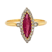 Edwardian GIA ruby diamond 18k yellow gold navette ring