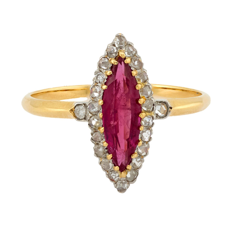 Edwardian GIA ruby diamond 18k yellow gold navette ring