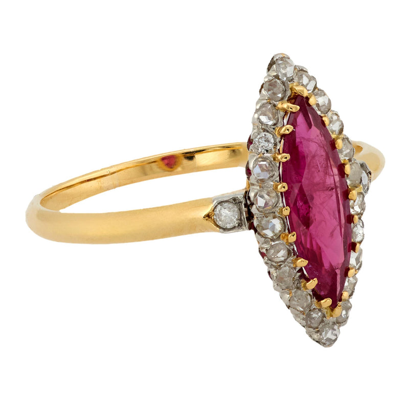 Edwardian GIA ruby diamond 18k yellow gold navette ring