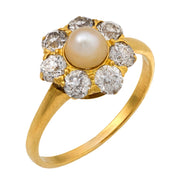 Edwardian pearl diamond 18k yellow gold cluster ring