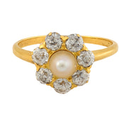 Edwardian pearl diamond 18k yellow gold cluster ring