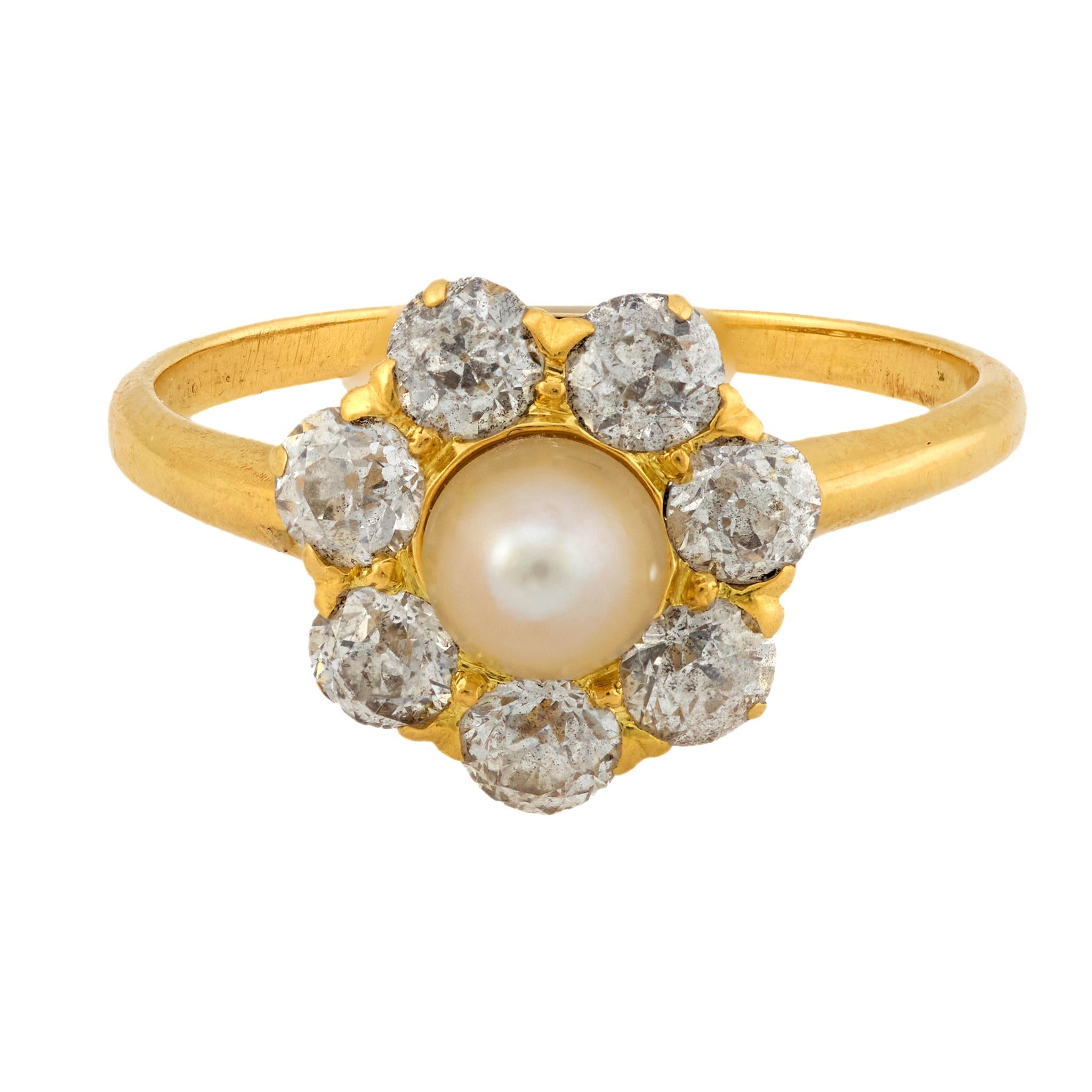 Edwardian pearl diamond 18k yellow gold cluster ring
