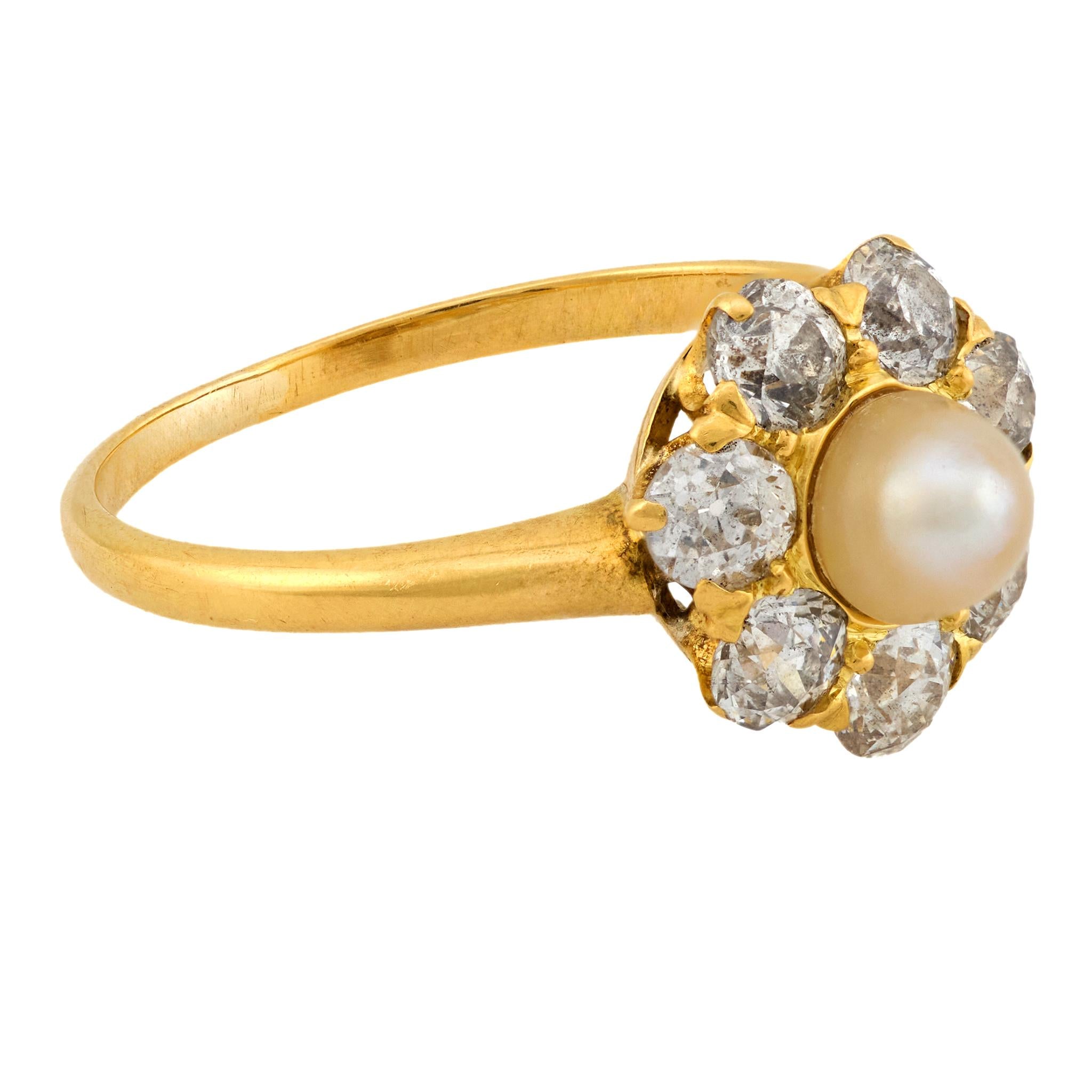 Edwardian pearl diamond 18k yellow gold cluster ring