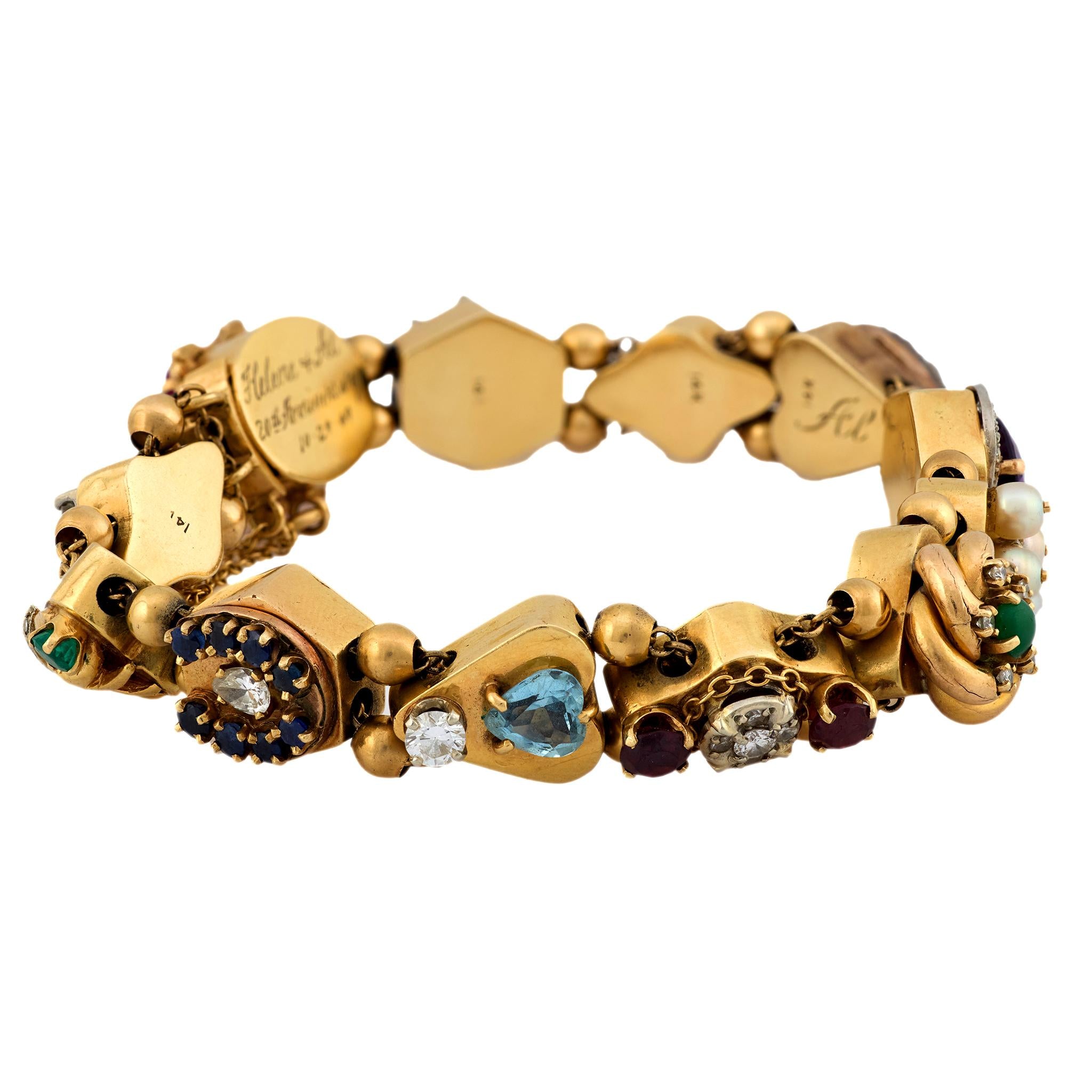 Mid Century diamond and gemstone 14k yellow gold chunky bracelet