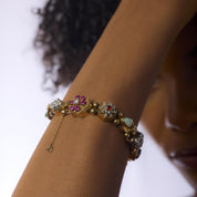 Mid Century diamond and gemstone 14k yellow gold chunky bracelet