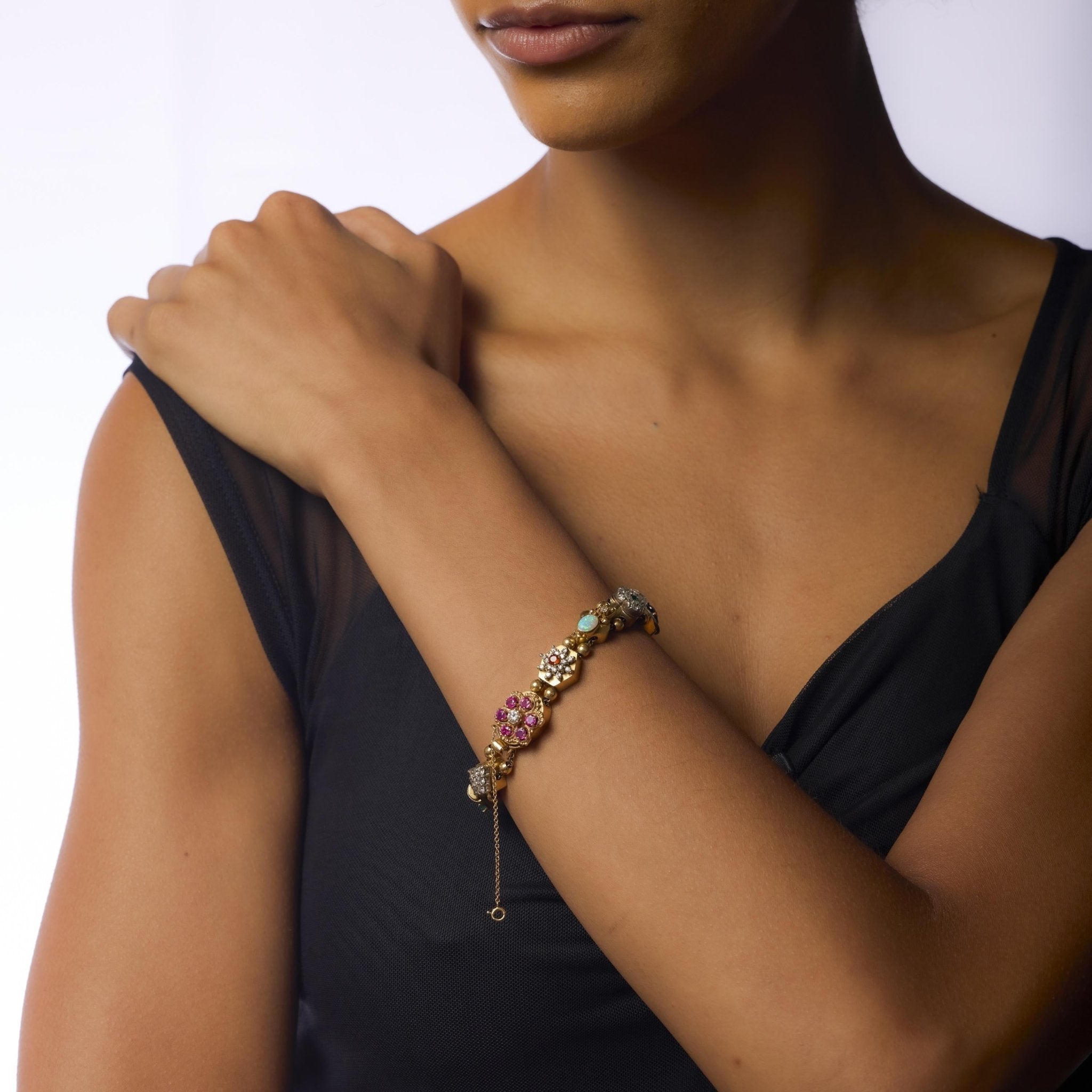 Mid Century diamond and gemstone 14k yellow gold chunky bracelet