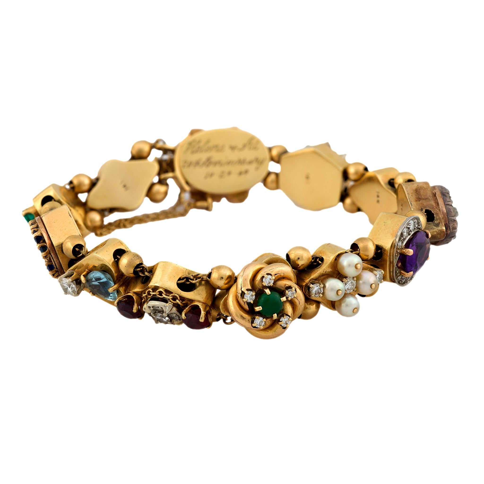Mid Century diamond and gemstone 14k yellow gold chunky bracelet