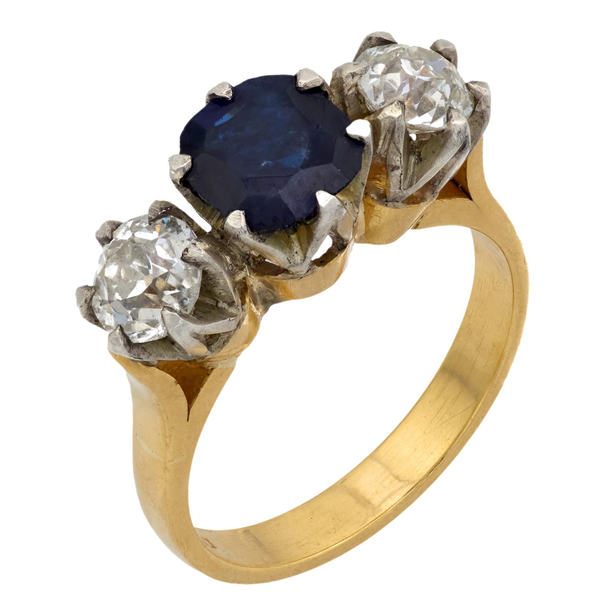 GIA 1.30 carat Burma no heat sapphire diamond 18k yellow gold three stone ring
