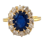 Victorian GIA 3.31 carat sapphire diamond 10k yellow gold cluster ring