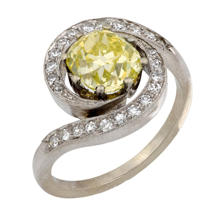 Retro GIA 2.08 carat fancy yellow diamond 14k white gold swirl ring
