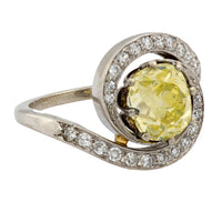 Retro GIA 2.08 carat fancy yellow diamond 14k white gold swirl ring