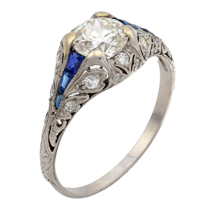 Art Deco 1 carat diamond sapphire platinum engagement ring