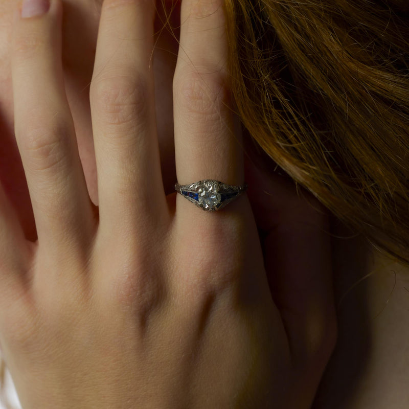 Art Deco 1 carat diamond sapphire platinum engagement ring