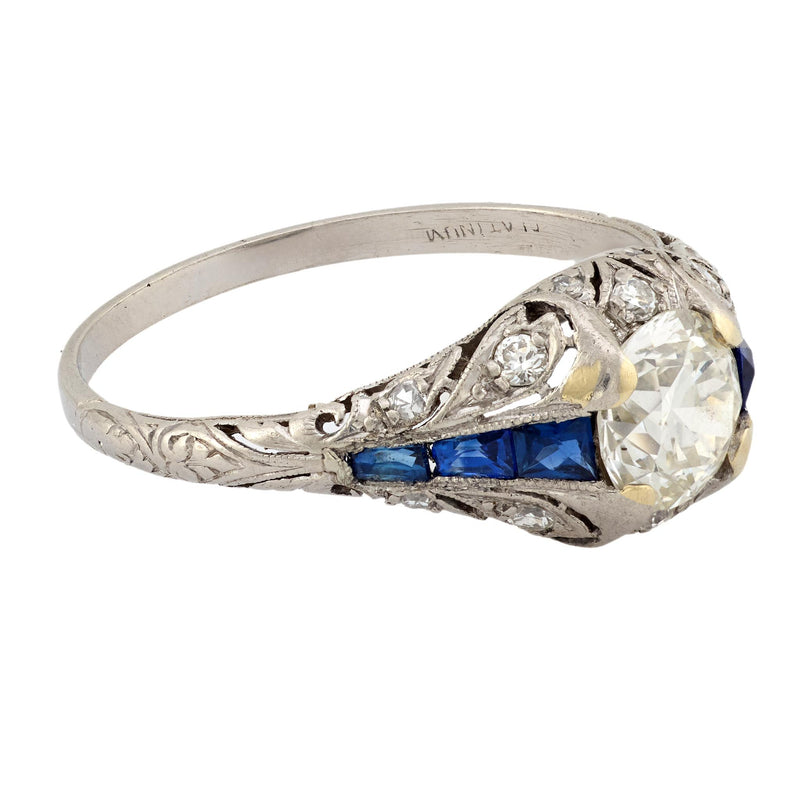 Art Deco 1 carat diamond sapphire platinum engagement ring