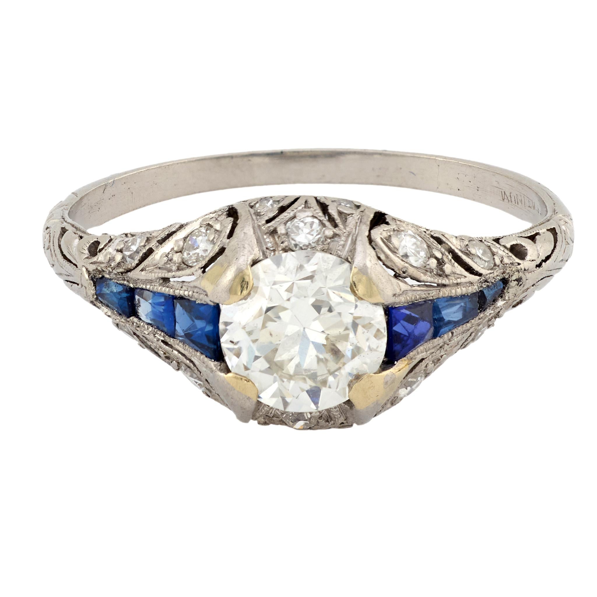 Art Deco 1 carat diamond sapphire platinum engagement ring