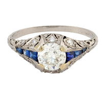 Art Deco 1 carat diamond sapphire platinum engagement ring
