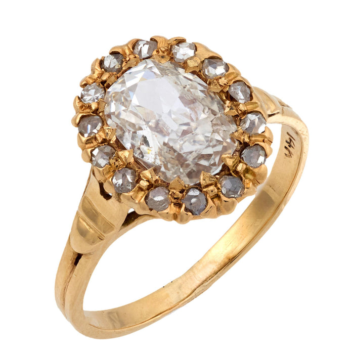 Victorian GIA 1.07 carat old mine cut diamond 14k yellow gold cluster ring