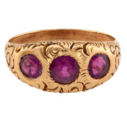 Victorian garnet 14k yellow gold 3 stone bezel ring
