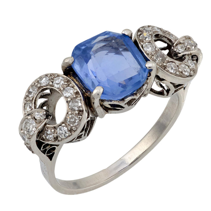 Art Deco GIA 2.76 carat Ceylon no heat sapphire diamond platinum ring