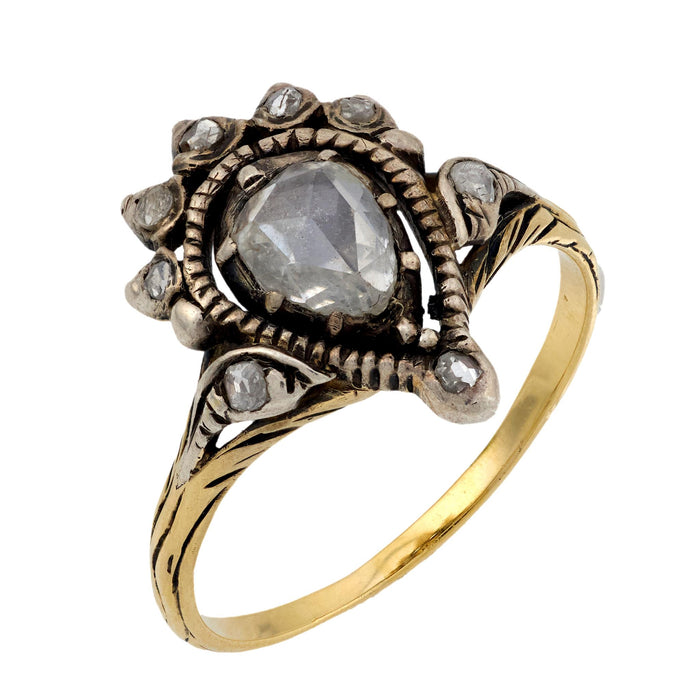 Victorian rose cut diamond 14k yellow gold and silver ring