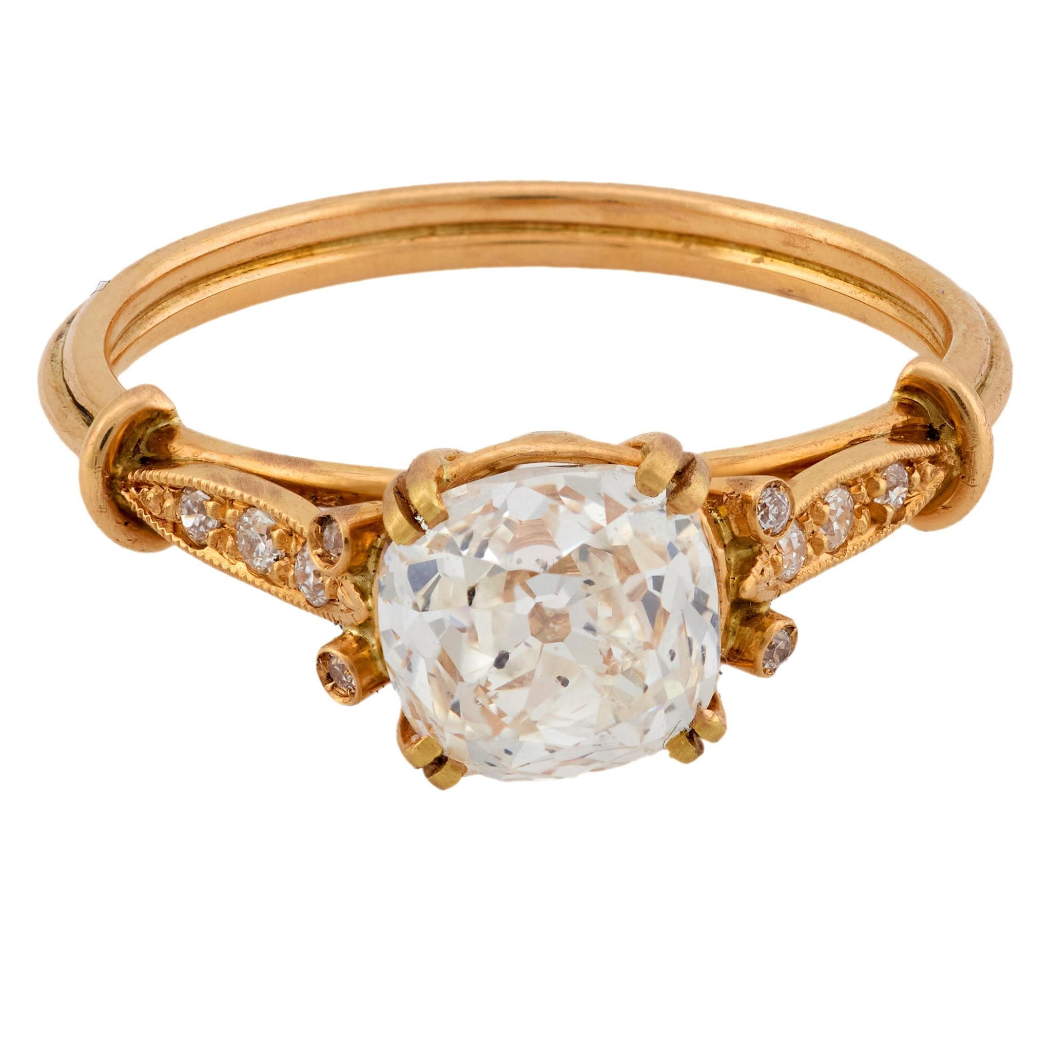 Modern GIA 1.51 carat old mine cut diamond 18k yellow gold engagement ring