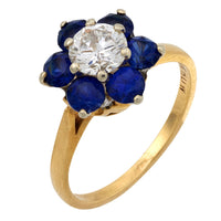 Vintage diamond synthetic sapphire 14k yellow gold flower cluster ring