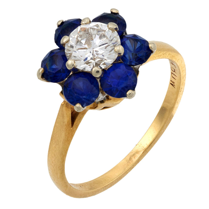 Vintage diamond synthetic sapphire 14k yellow gold flower cluster ring