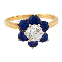 Vintage diamond synthetic sapphire 14k yellow gold flower cluster ring