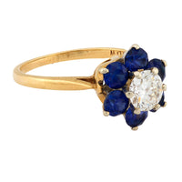 Vintage diamond synthetic sapphire 14k yellow gold flower cluster ring