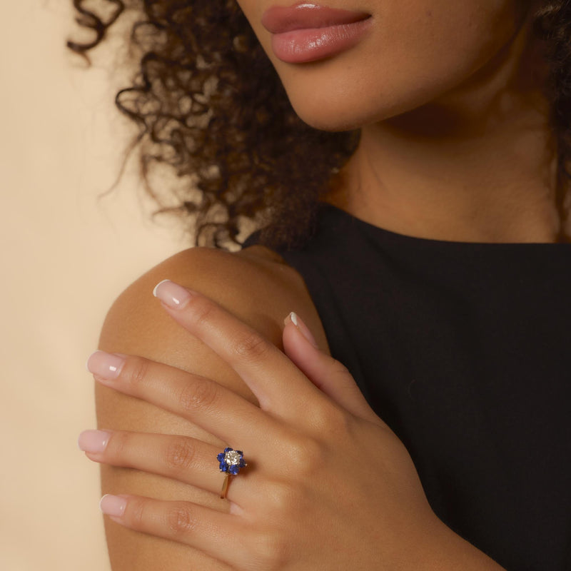 Vintage diamond synthetic sapphire 14k yellow gold flower cluster ring