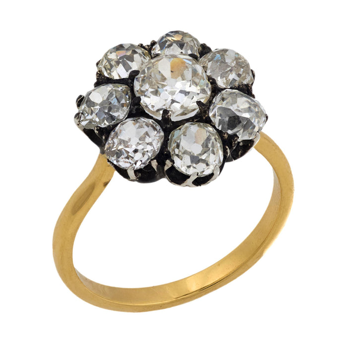 Victorian 3.70 carat diamond 18k yellow gold and silver cluster ring