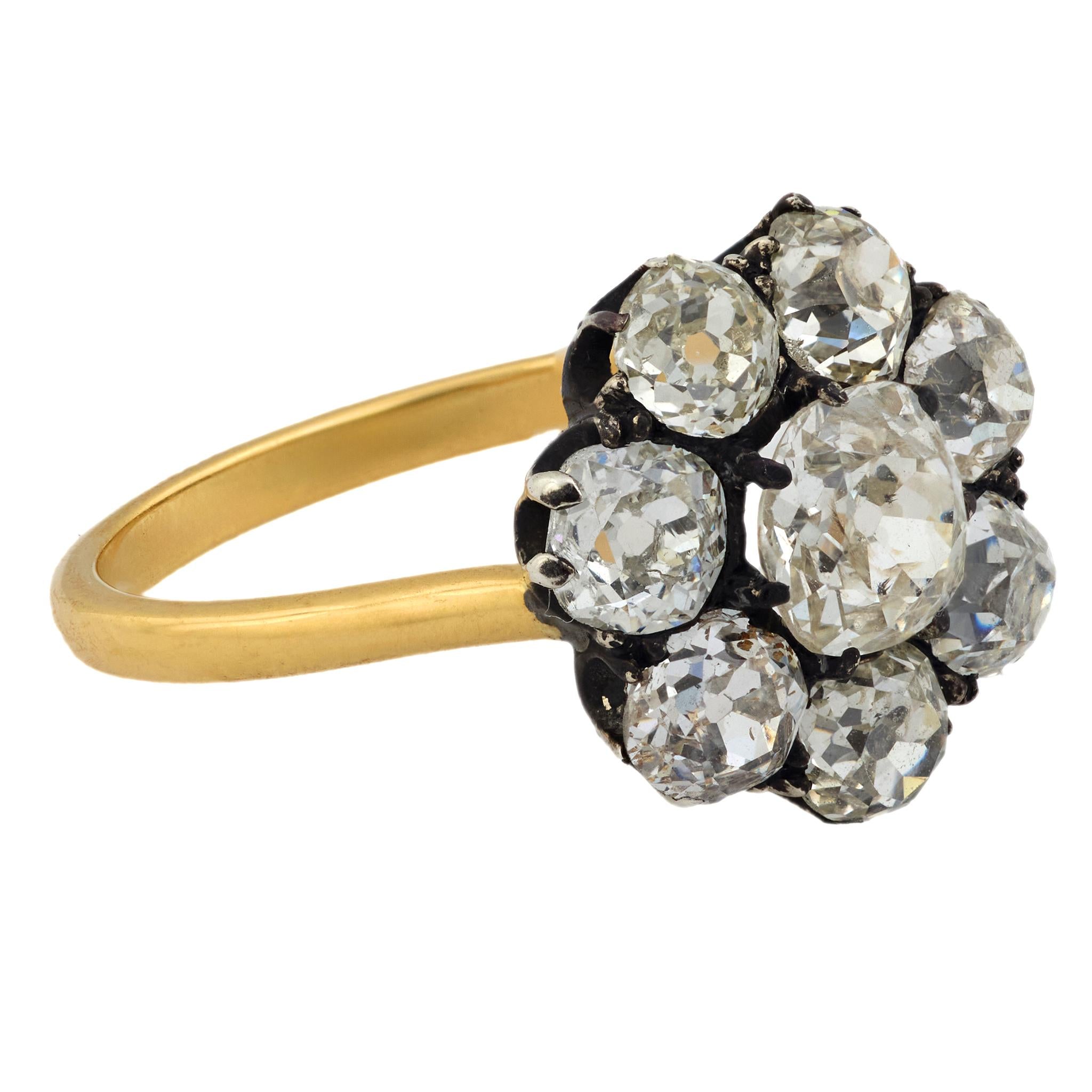 Victorian 3.70 carat diamond 18k yellow gold and silver cluster ring