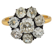 Victorian 3.70 carat diamond 18k yellow gold and silver cluster ring