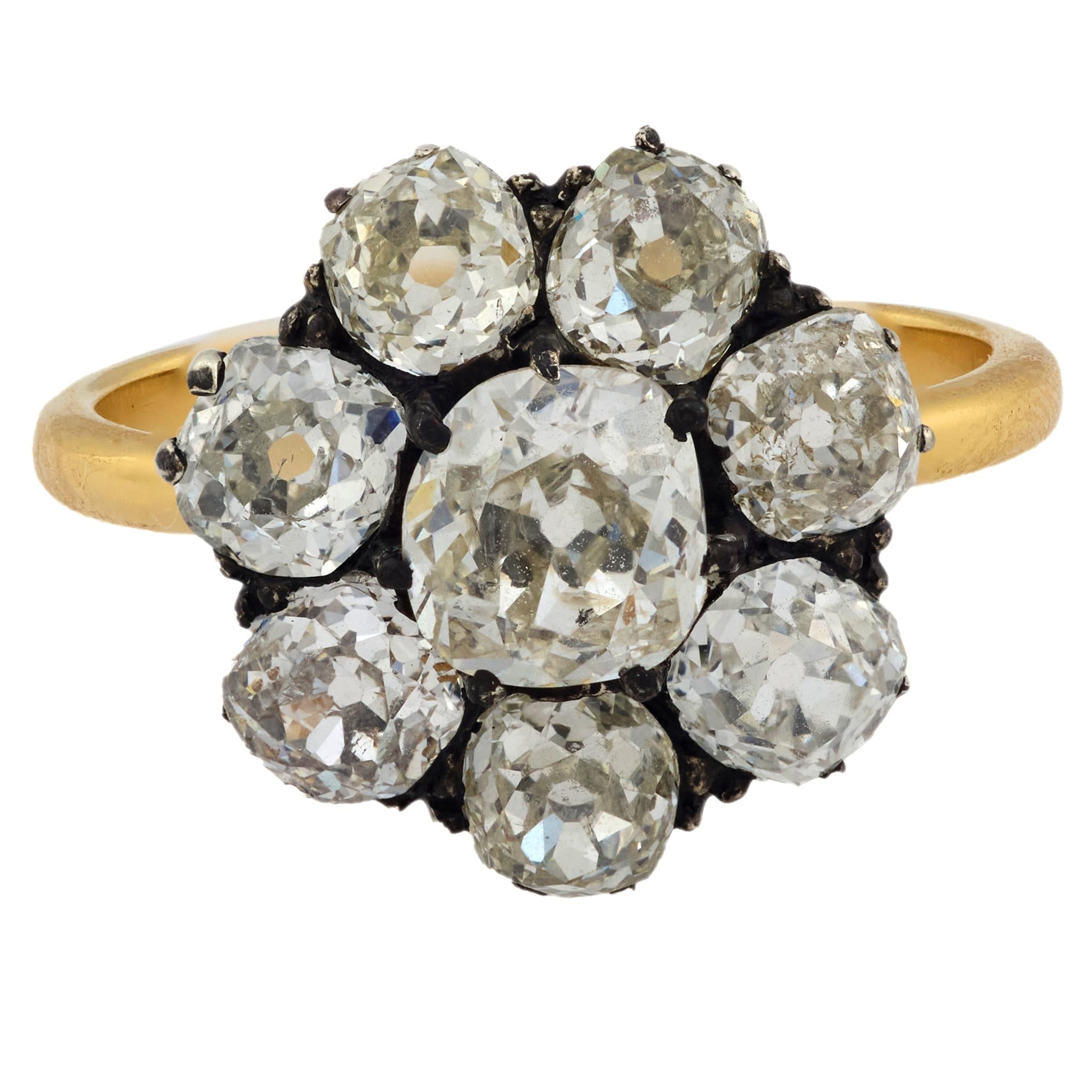 Victorian 3.70 carat diamond 18k yellow gold and silver cluster ring