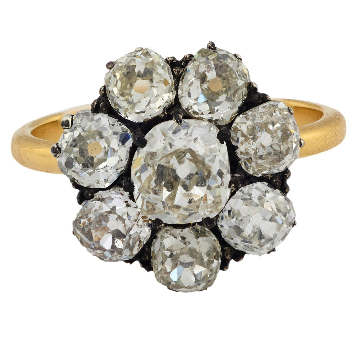 Victorian 3.70 carat diamond 18k yellow gold and silver cluster ring