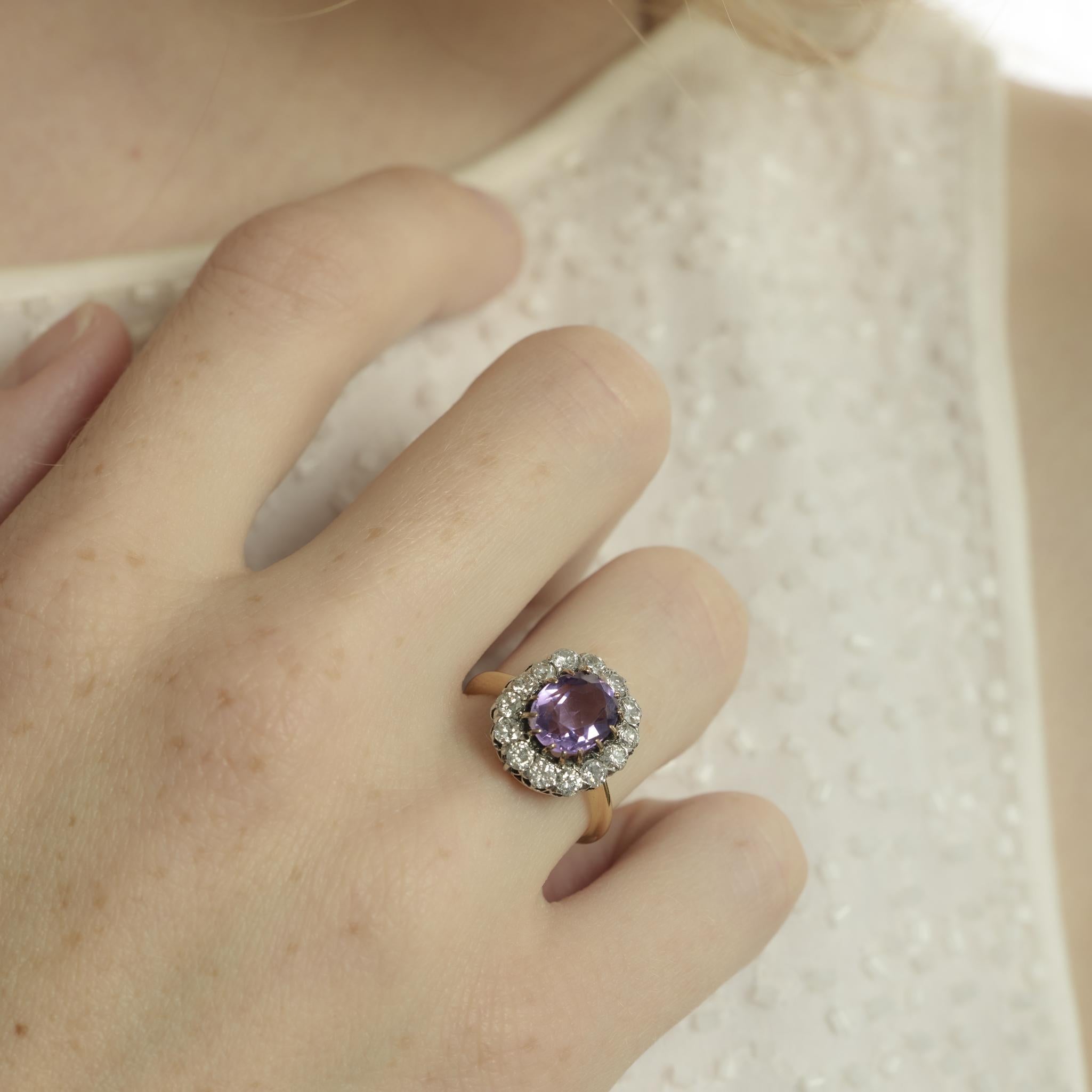 Mid Century amethyst diamond 18k yellow gold platinum cluster ring