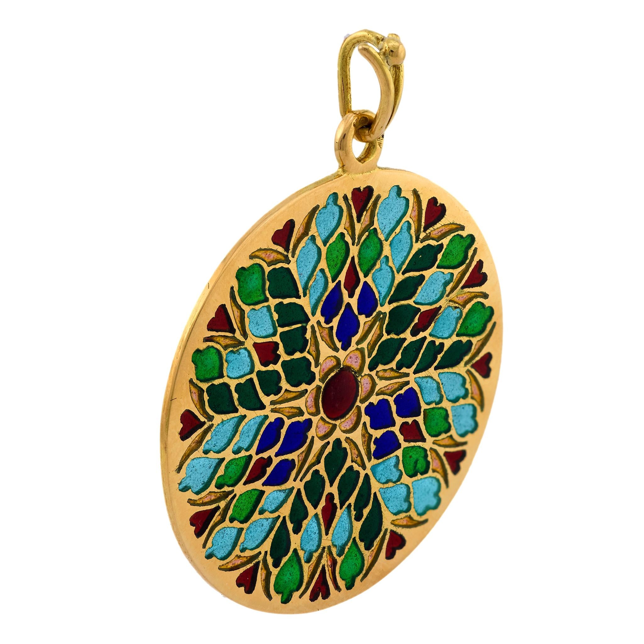 Belle Époque French 18k yellow gold plique a jour enamel pendant