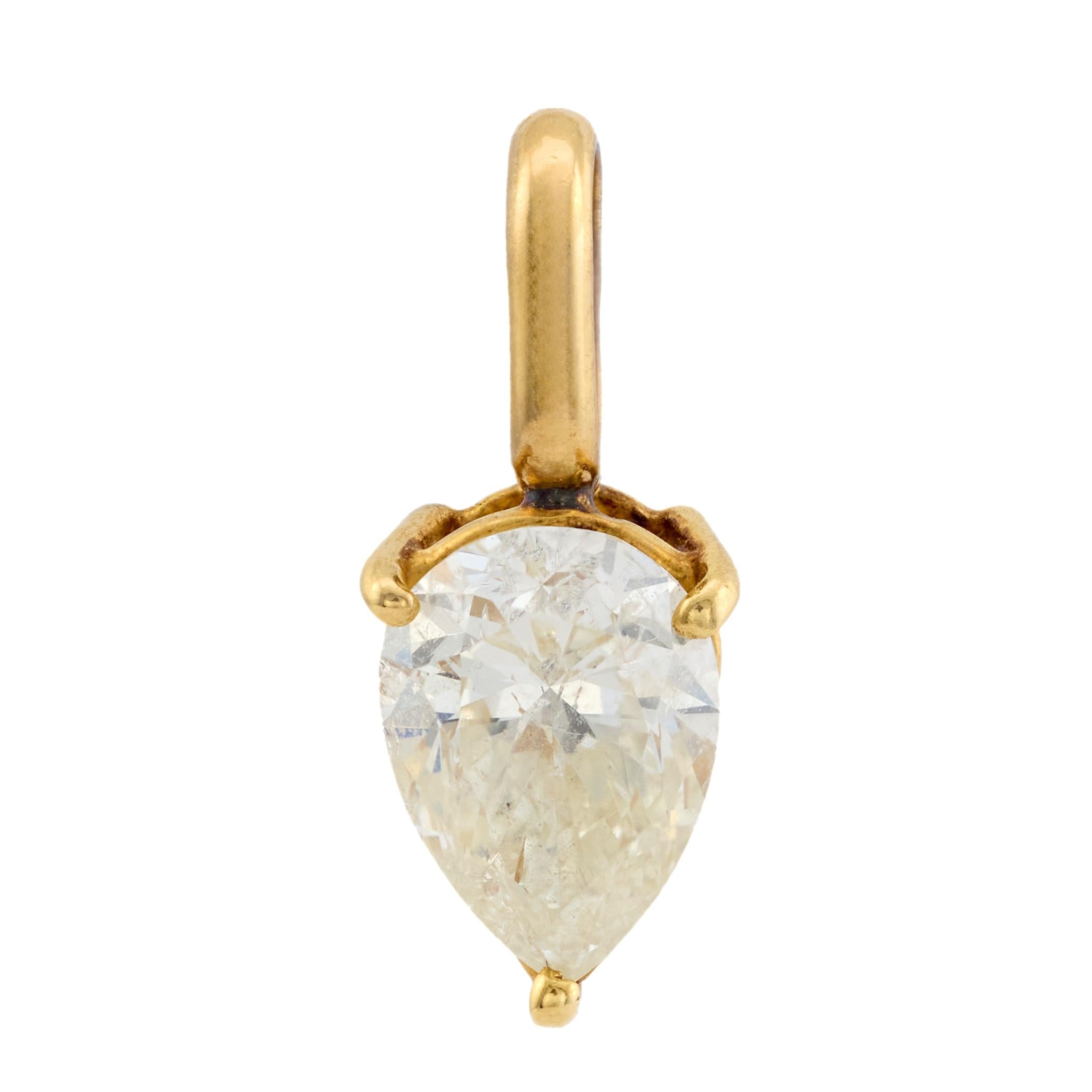 Vintage 1.00 carat pear cut diamond 18k yellow gold pendant