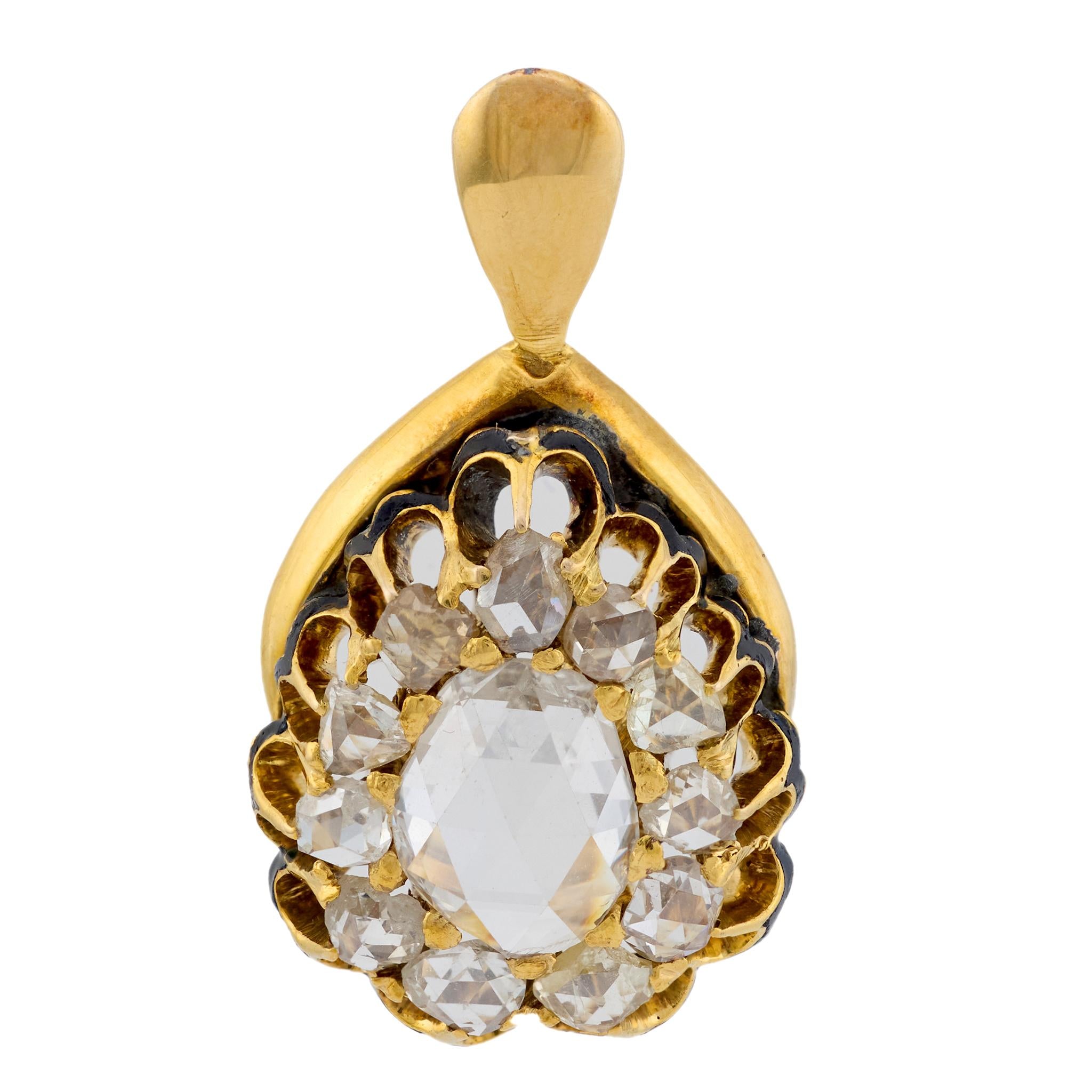 Victorian rose cut diamond 18k yellow gold and enamel pendant