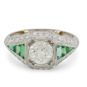 Art Deco GIA 1.31 carat diamond emerald platinum engagement ring