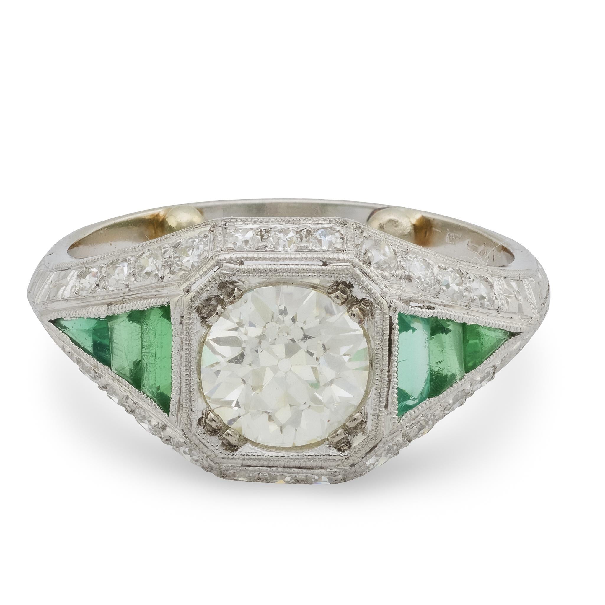 Art Deco GIA 1.31 carat diamond emerald platinum engagement ring