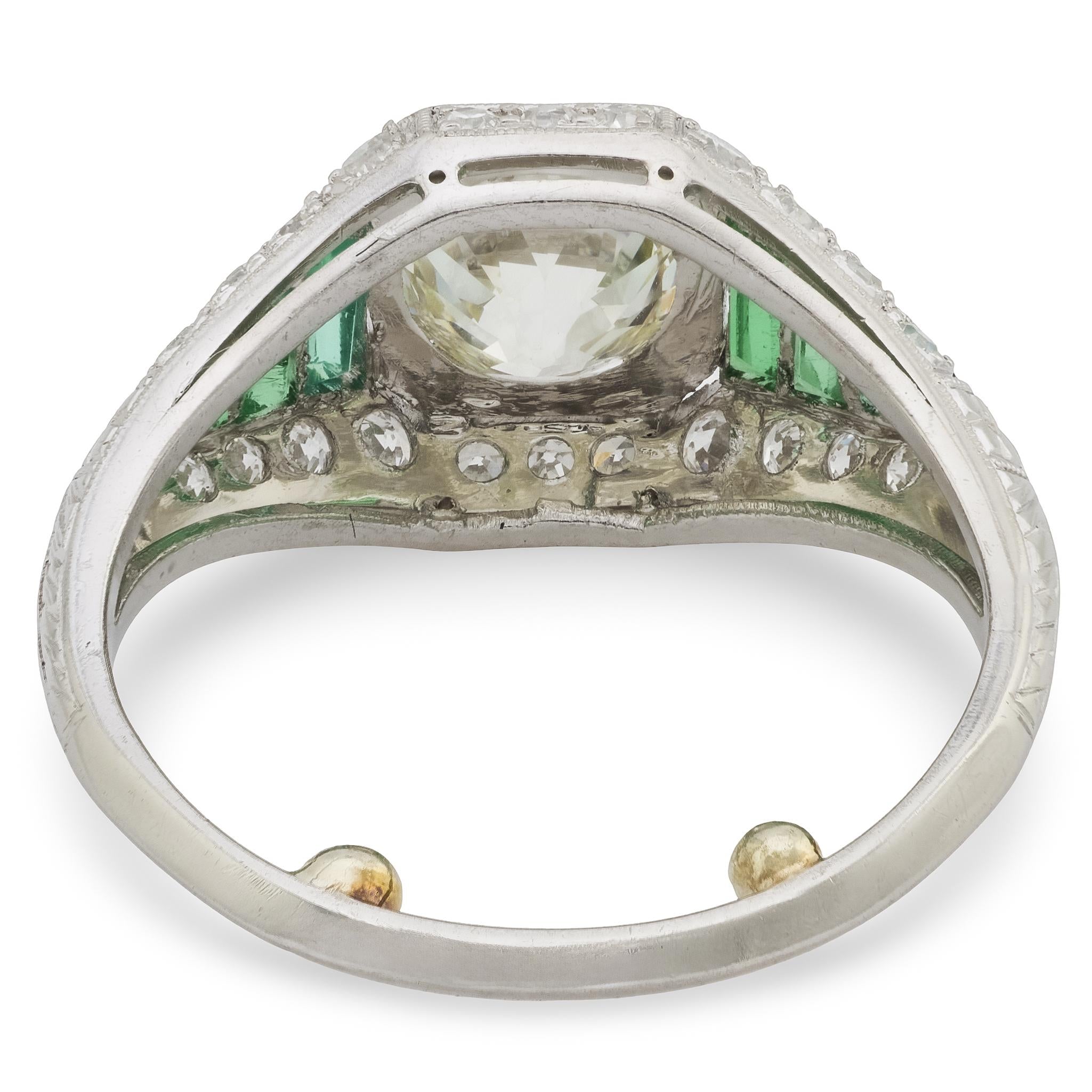 Art Deco GIA 1.31 carat diamond emerald platinum engagement ring
