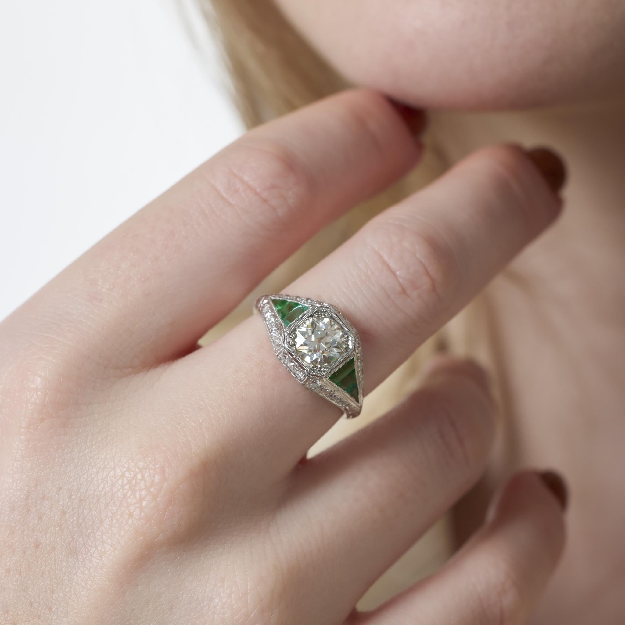 Art Deco GIA 1.31 carat diamond emerald platinum engagement ring