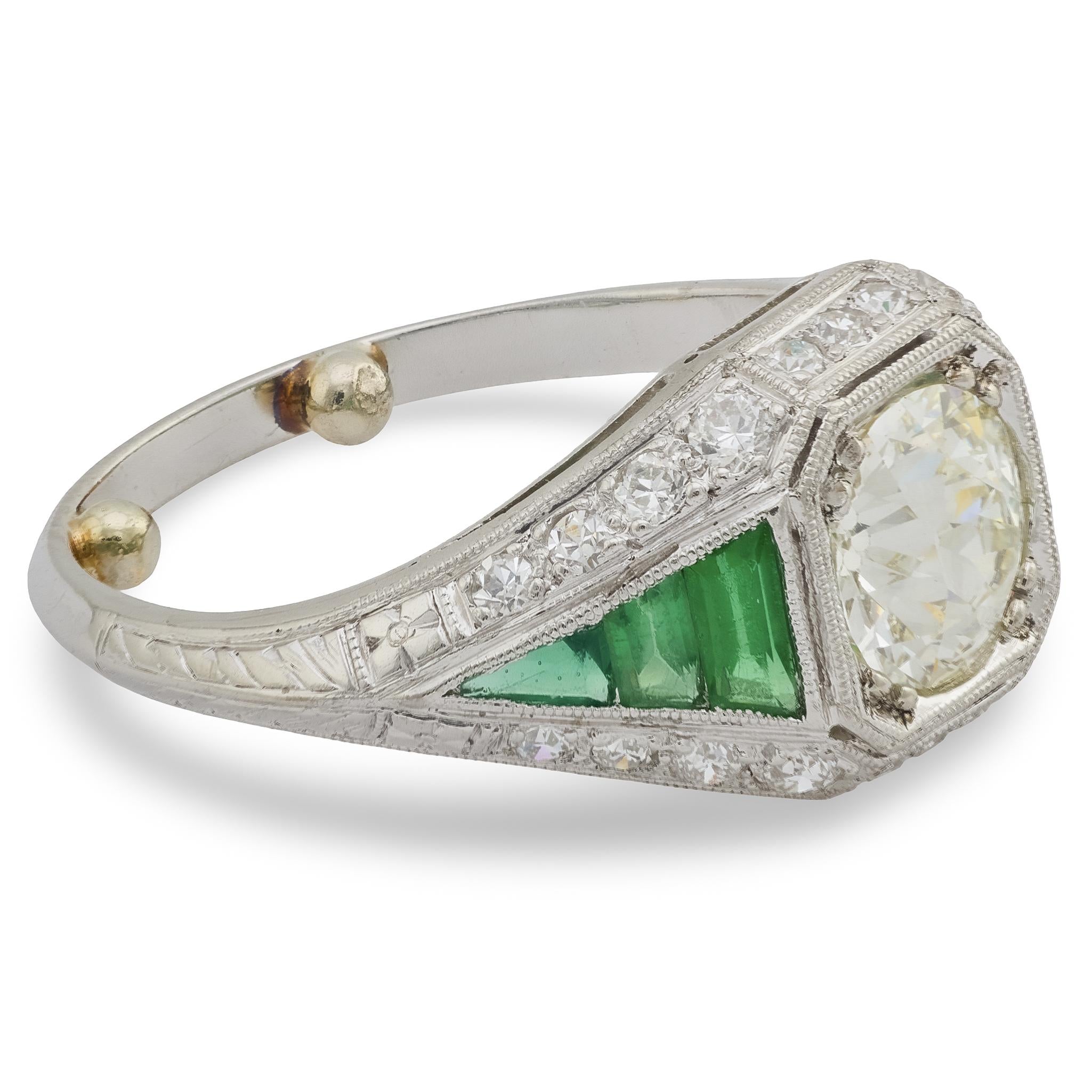 Art Deco GIA 1.31 carat diamond emerald platinum engagement ring